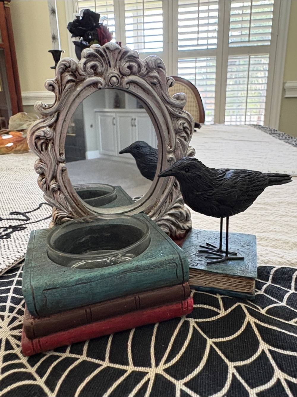 Yankee Candle Halloween Votive Tea Lt Holder Raven Books w Ornate Silver Mirror